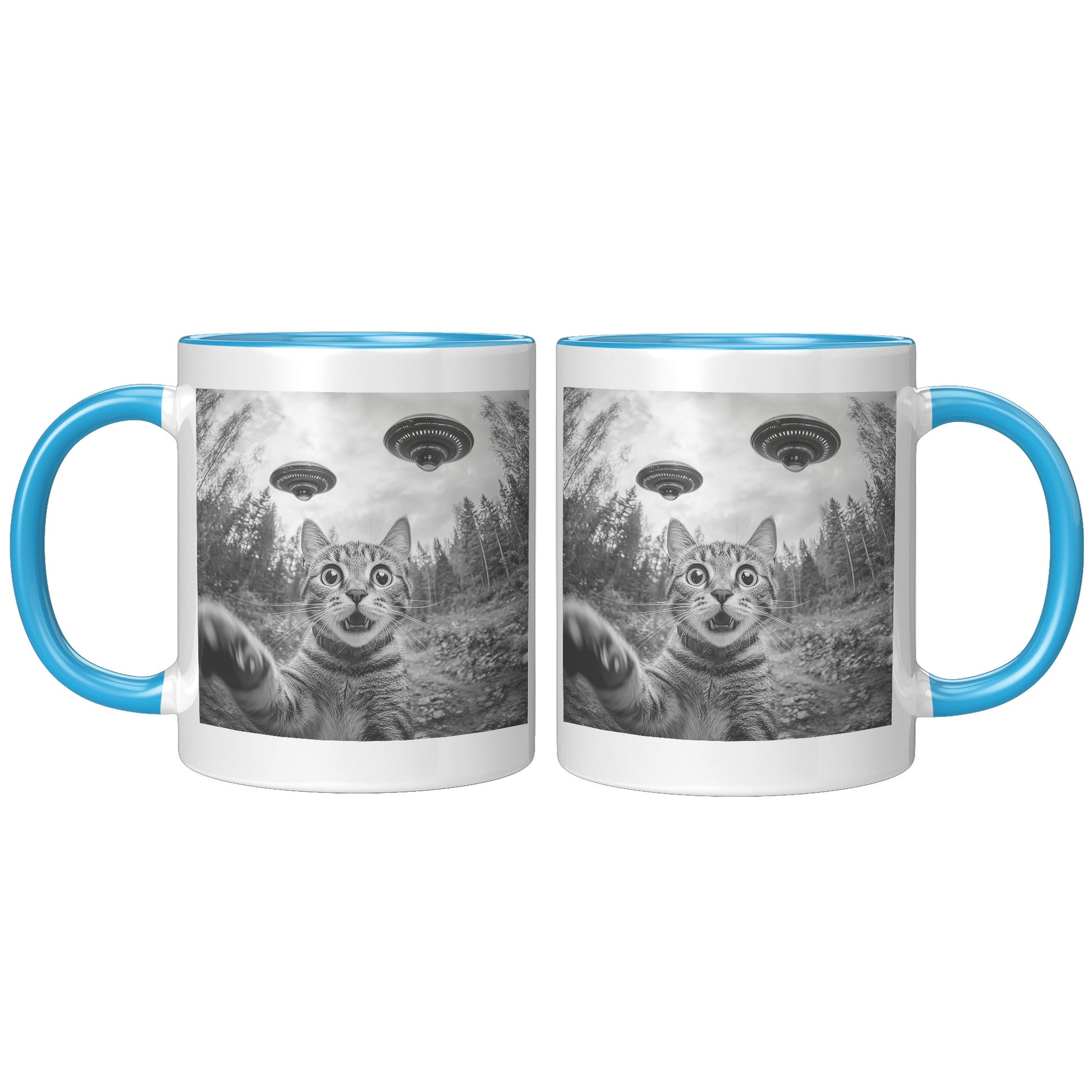 Funny Cat Selfie With Alien UFO 110z Accent Mug, Cat Momma Gift, Cat Dad Gift