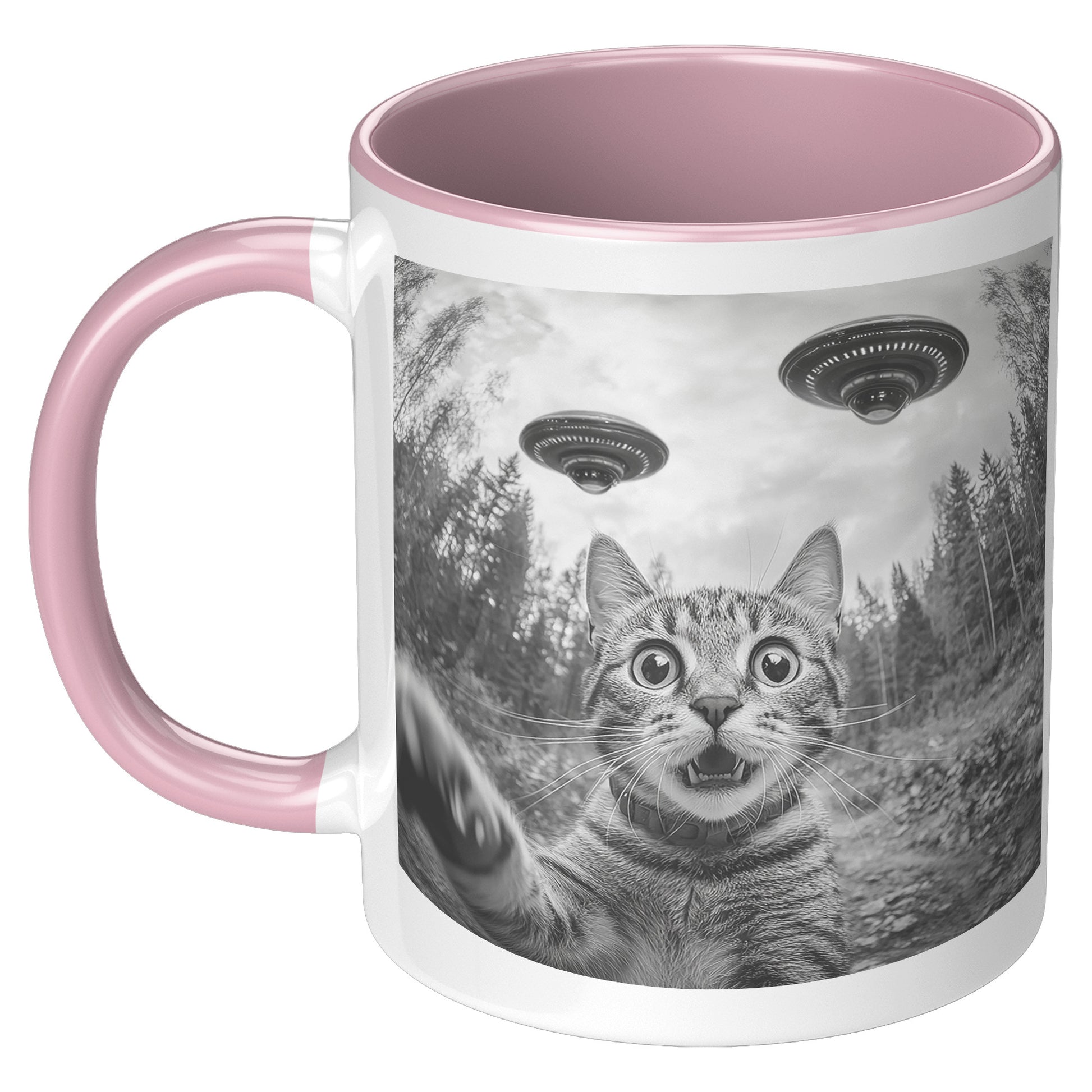 Funny Cat Selfie With Alien UFO 110z Accent Mug, Cat Momma Gift, Cat Dad Gift