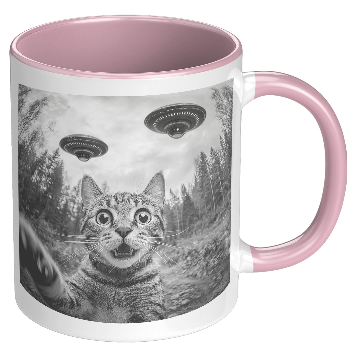Funny Cat Selfie With Alien UFO 110z Accent Mug, Cat Momma Gift, Cat Dad Gift