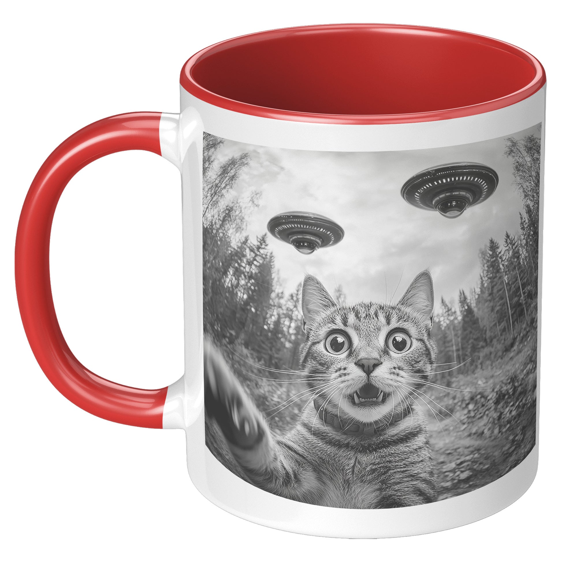 Funny Cat Selfie With Alien UFO 110z Accent Mug, Cat Momma Gift, Cat Dad Gift