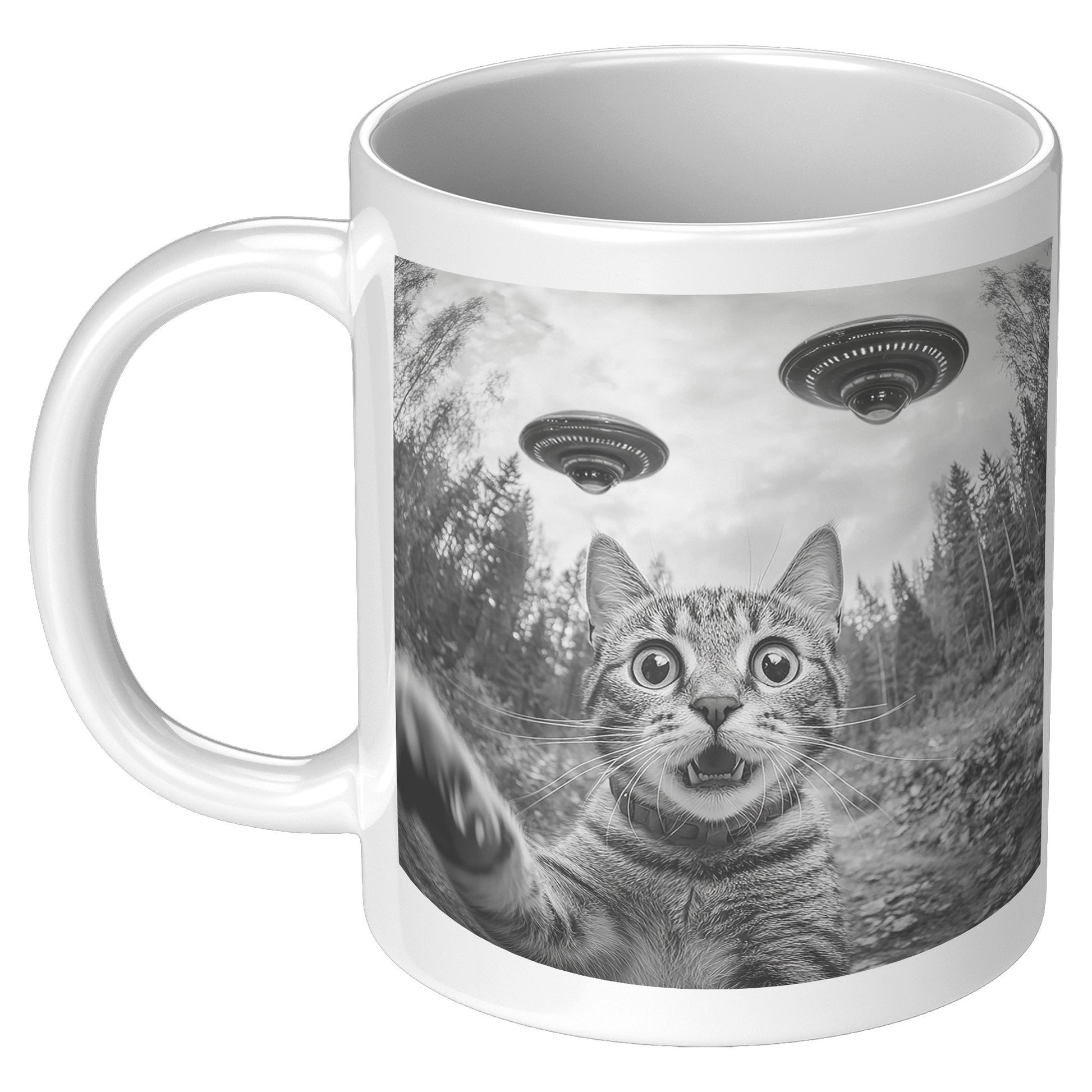 Funny Cat Selfie With Alien UFO 110z Mug, Cat Momma Gift, Cat Dad Gift