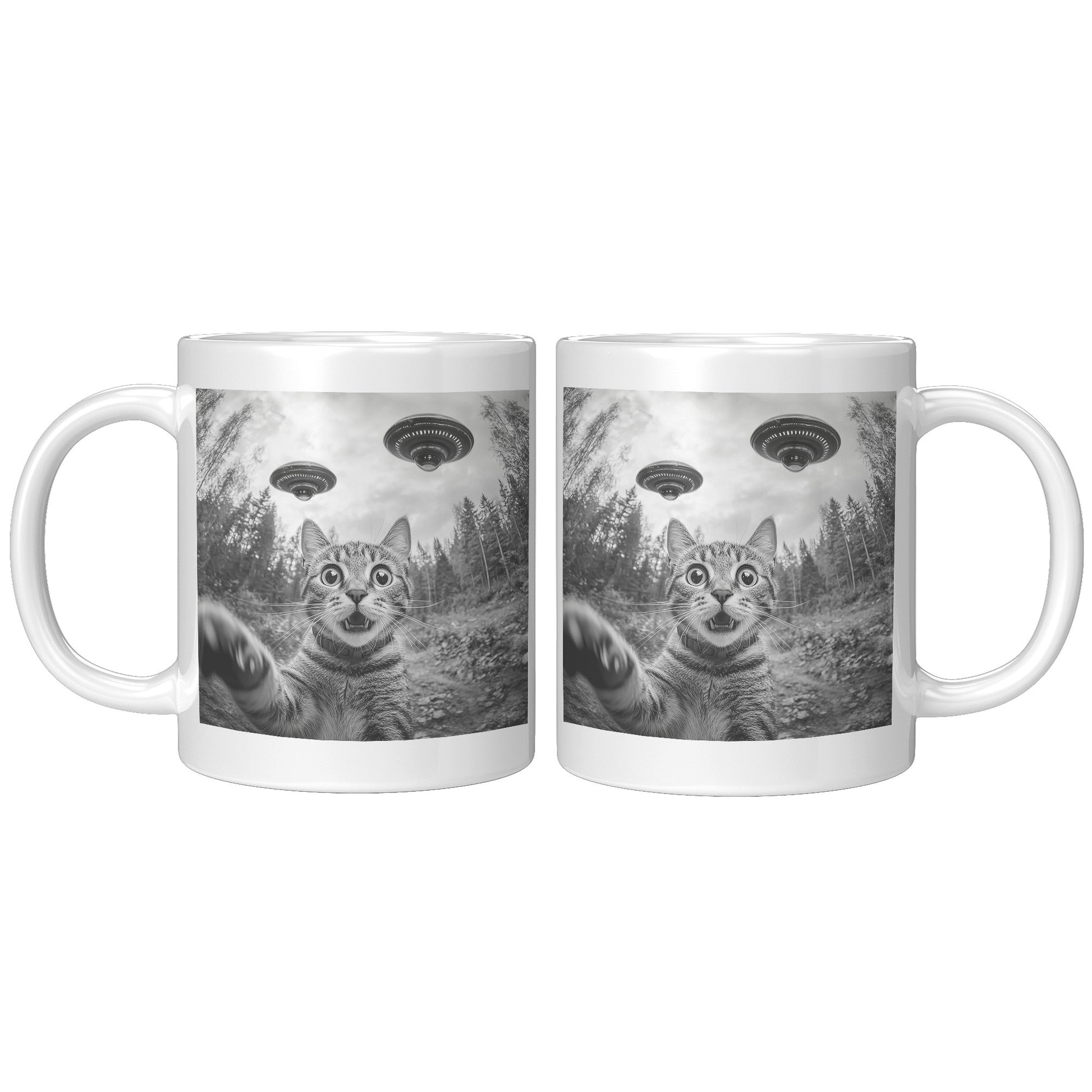 Funny Cat Selfie With Alien UFO 110z Mug, Cat Momma Gift, Cat Dad Gift
