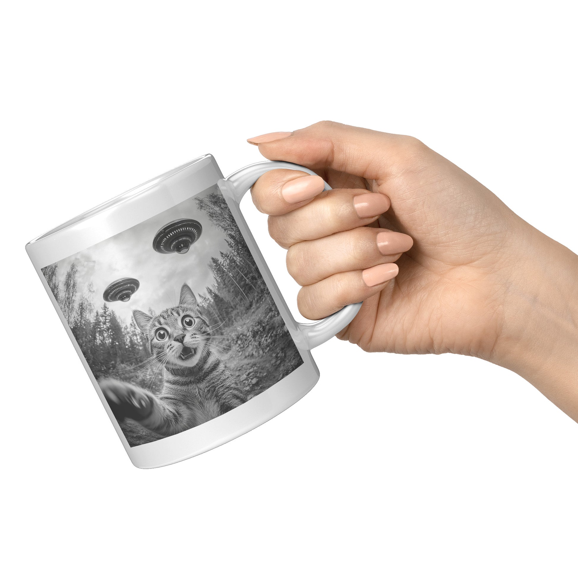 Funny Cat Selfie With Alien UFO 110z Mug, Cat Momma Gift, Cat Dad Gift