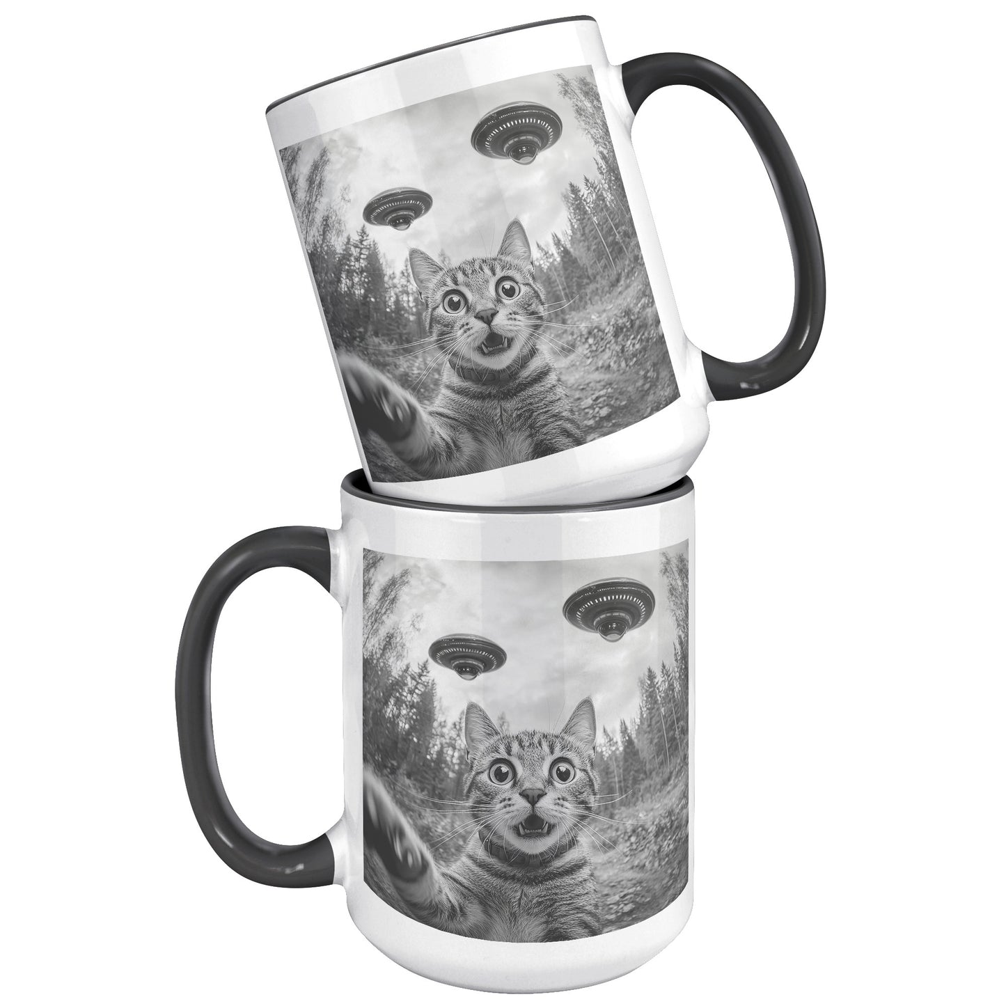 Funny Cat Selfie With Alien UFO 15oz Accent Mug, Cat Momma Gift, Cat Dad Gift