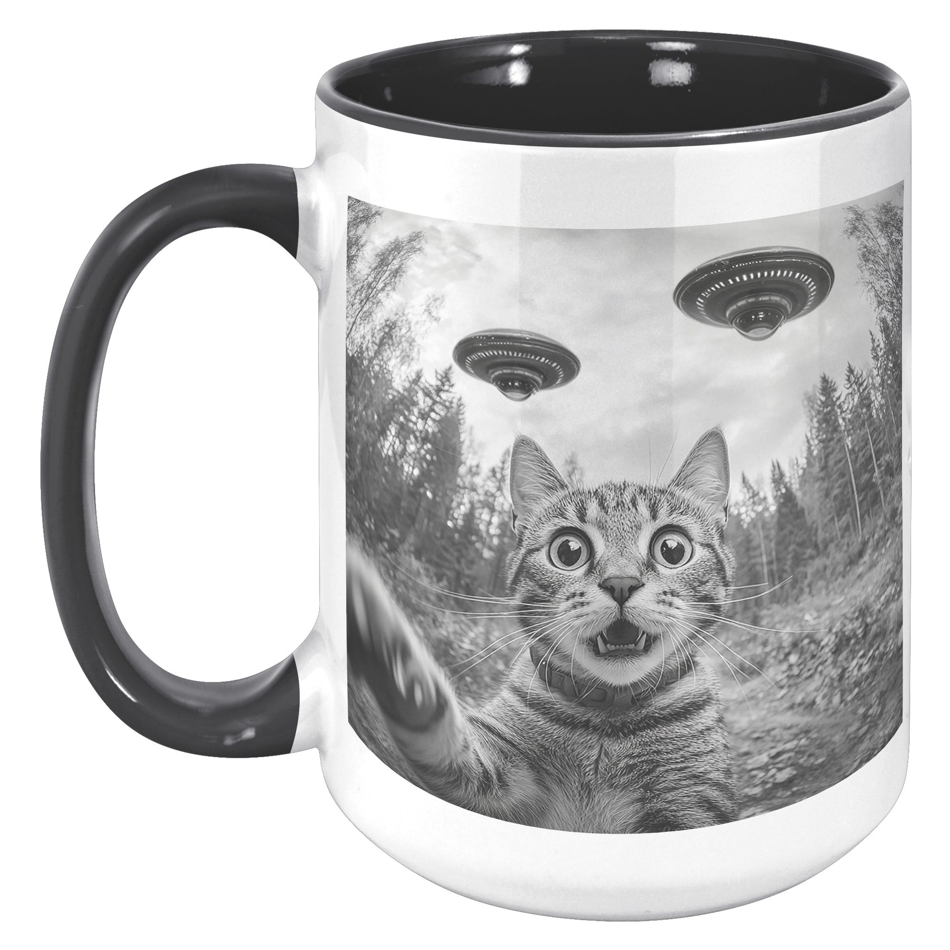 Funny Cat Selfie With Alien UFO 15oz Accent Mug, Cat Momma Gift, Cat Dad Gift