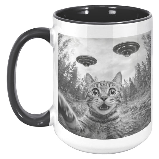 Funny Cat Selfie With Alien UFO 15oz Accent Mug, Cat Momma Gift, Cat Dad Gift