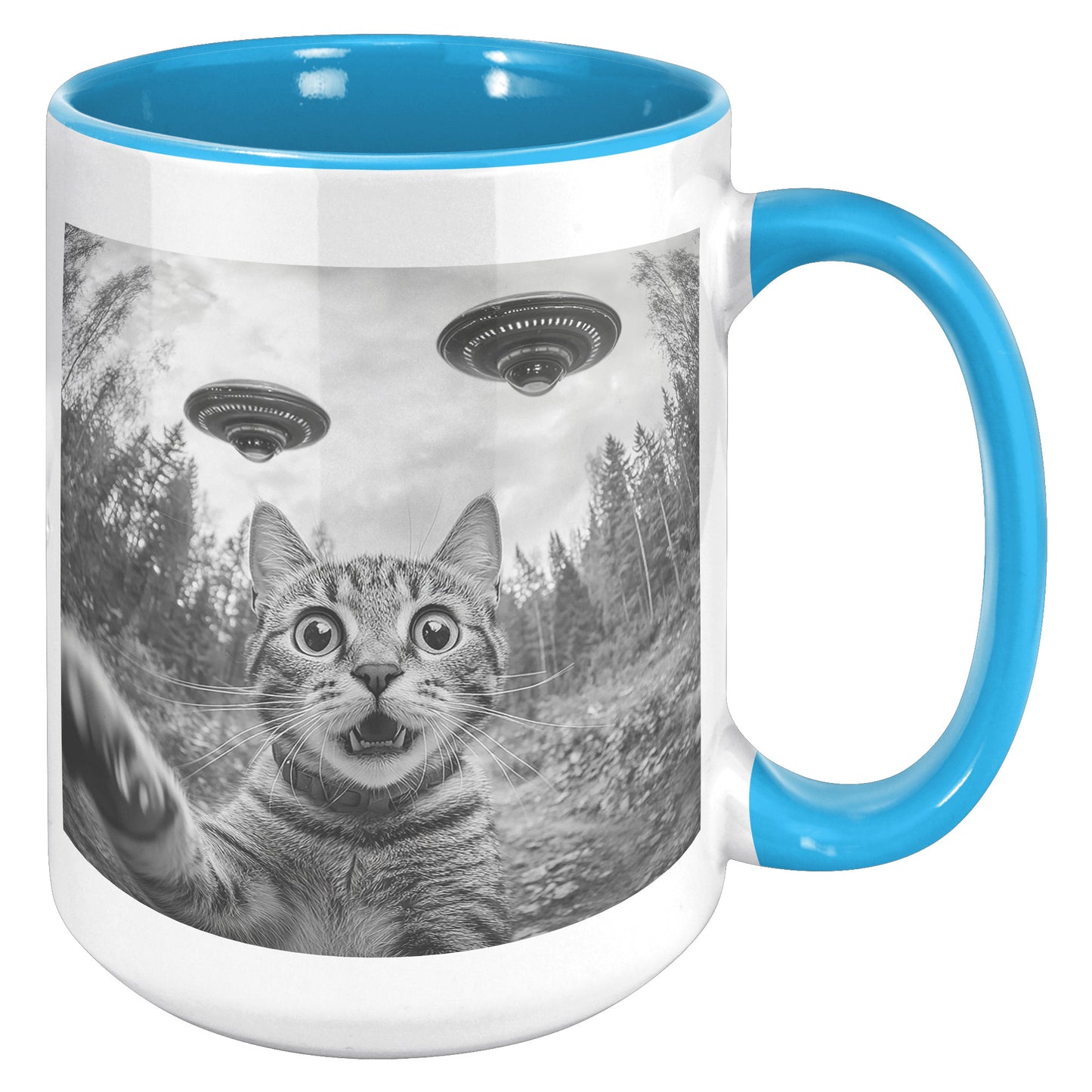 Funny Cat Selfie With Alien UFO 15oz Accent Mug, Cat Momma Gift, Cat Dad Gift