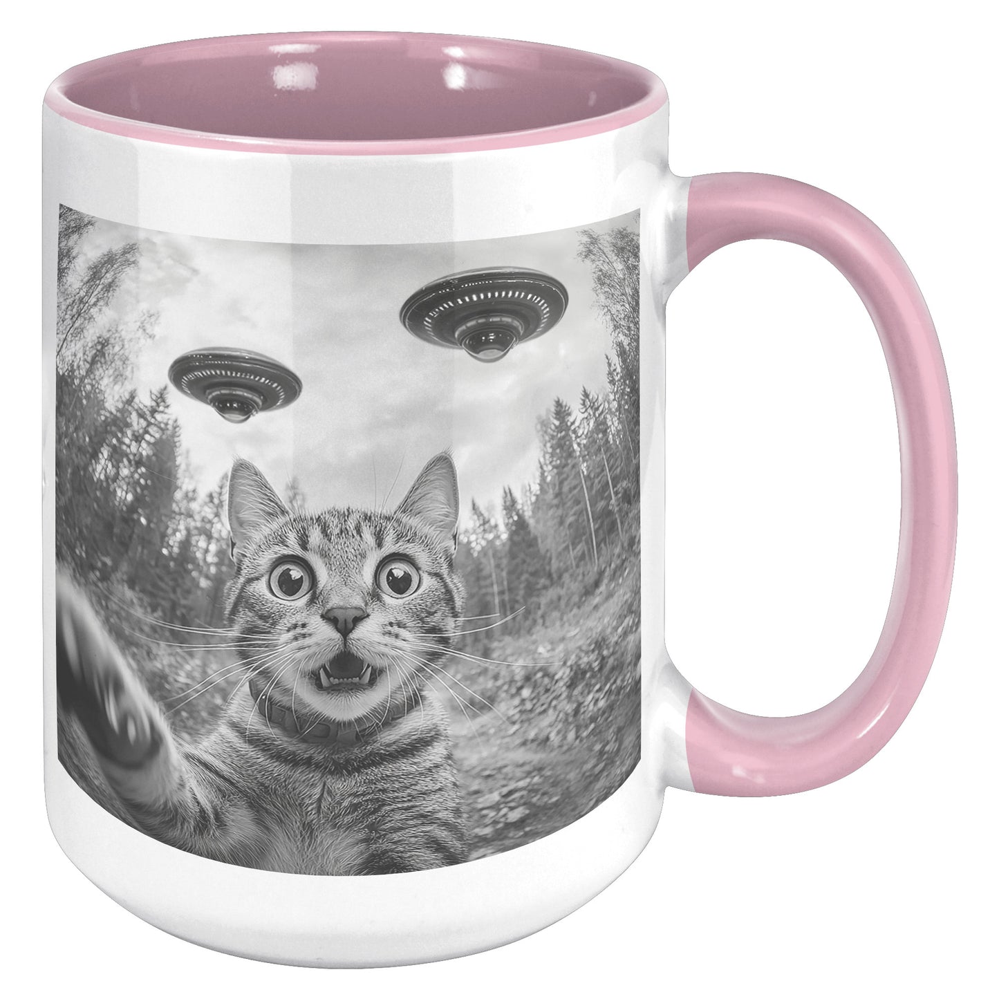 Funny Cat Selfie With Alien UFO 15oz Accent Mug, Cat Momma Gift, Cat Dad Gift