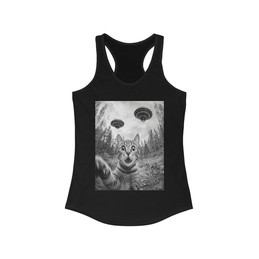 Funny Cat Selfie With Alien UFO Animal Lover Gift Racerback Tank, Funny Cat Shirt, Momma Cat Gift, Cat Lover Gift