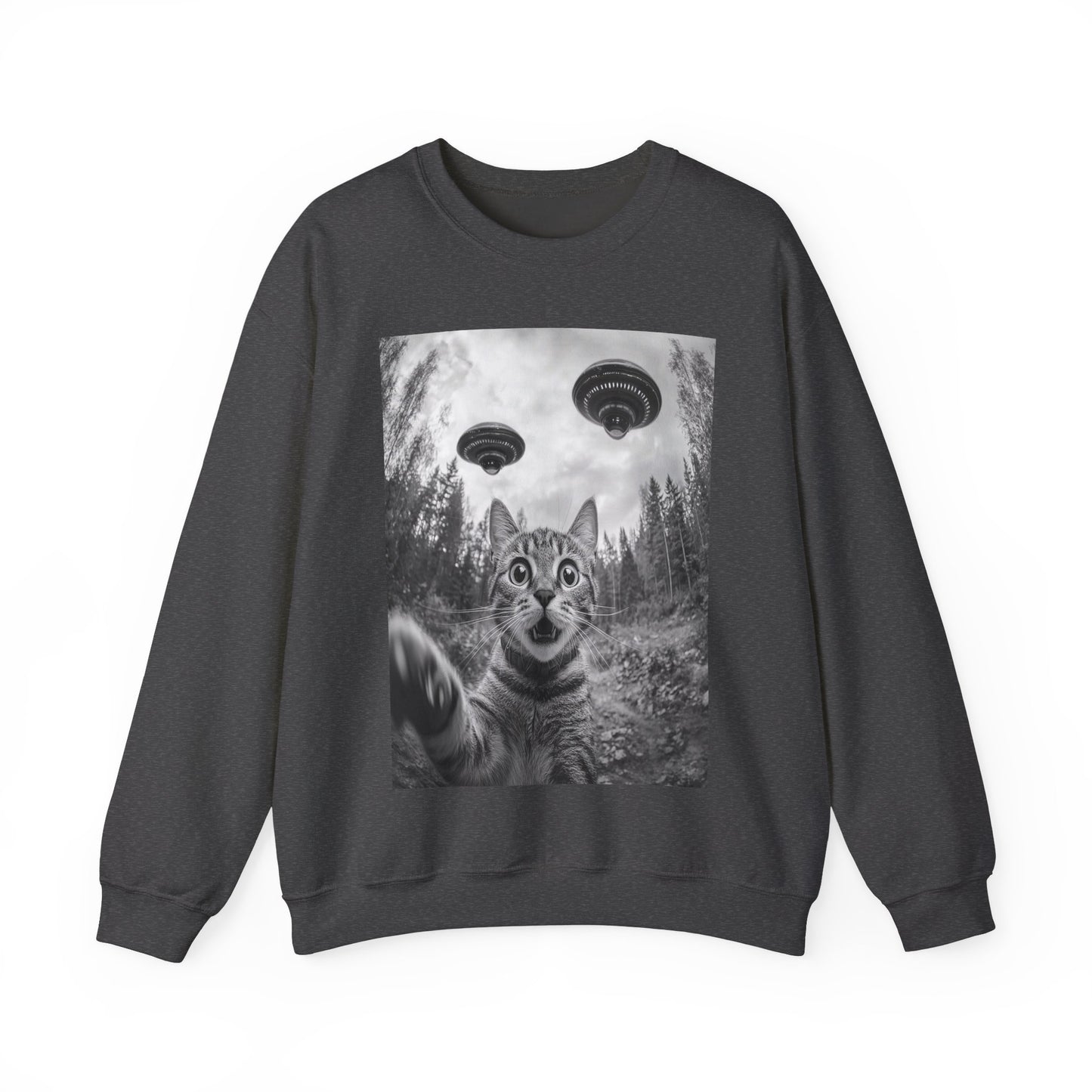 Funny Cat Selfie With Alien UFO Animal Lover Gift Unisex Heavy Blend™ Crewneck Sweatshirt, Cat Momma Gift, Cat Dad Gift