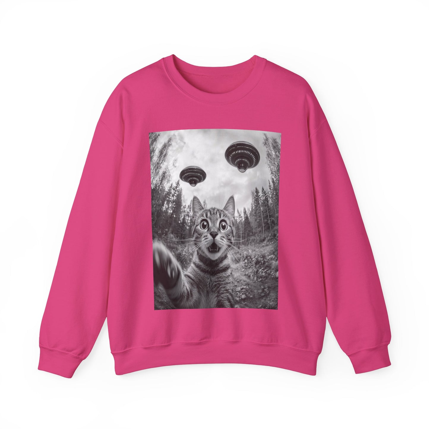 Funny Cat Selfie With Alien UFO Animal Lover Gift Unisex Heavy Blend™ Crewneck Sweatshirt, Cat Momma Gift, Cat Dad Gift