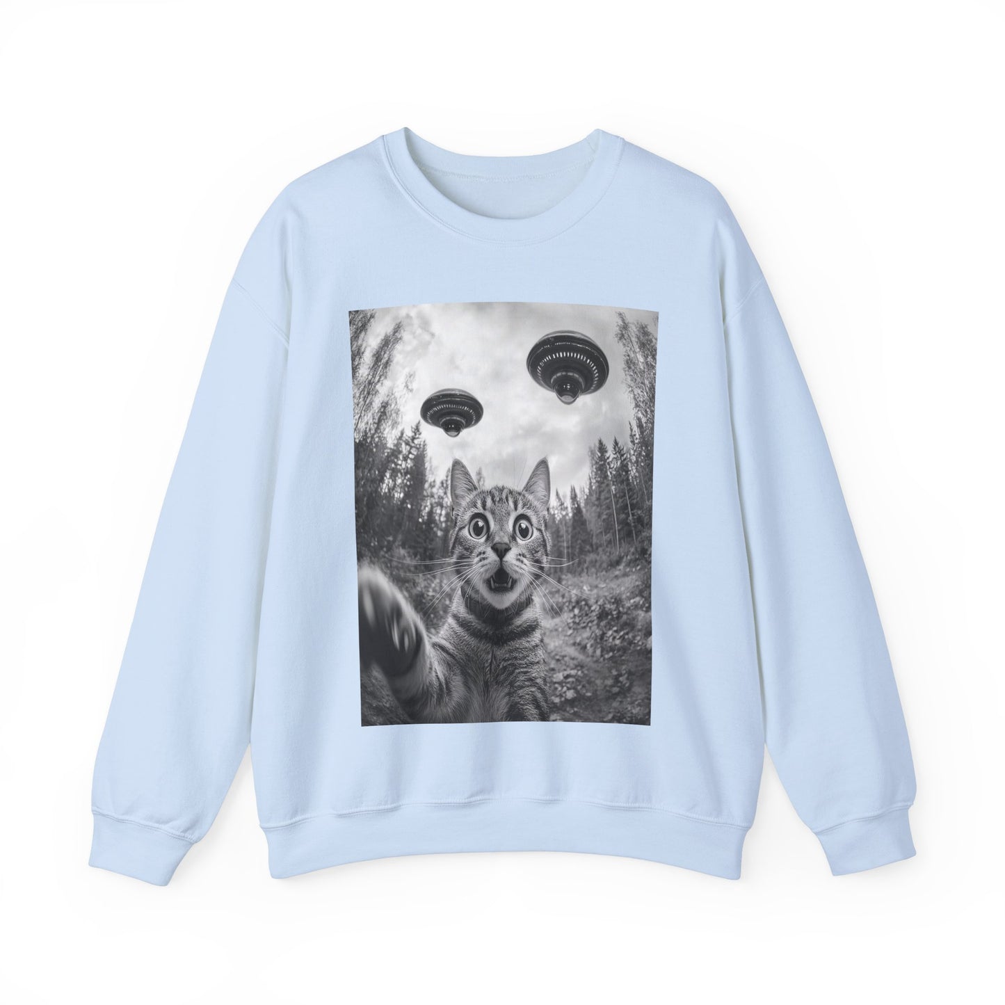 Funny Cat Selfie With Alien UFO Animal Lover Gift Unisex Heavy Blend™ Crewneck Sweatshirt, Cat Momma Gift, Cat Dad Gift