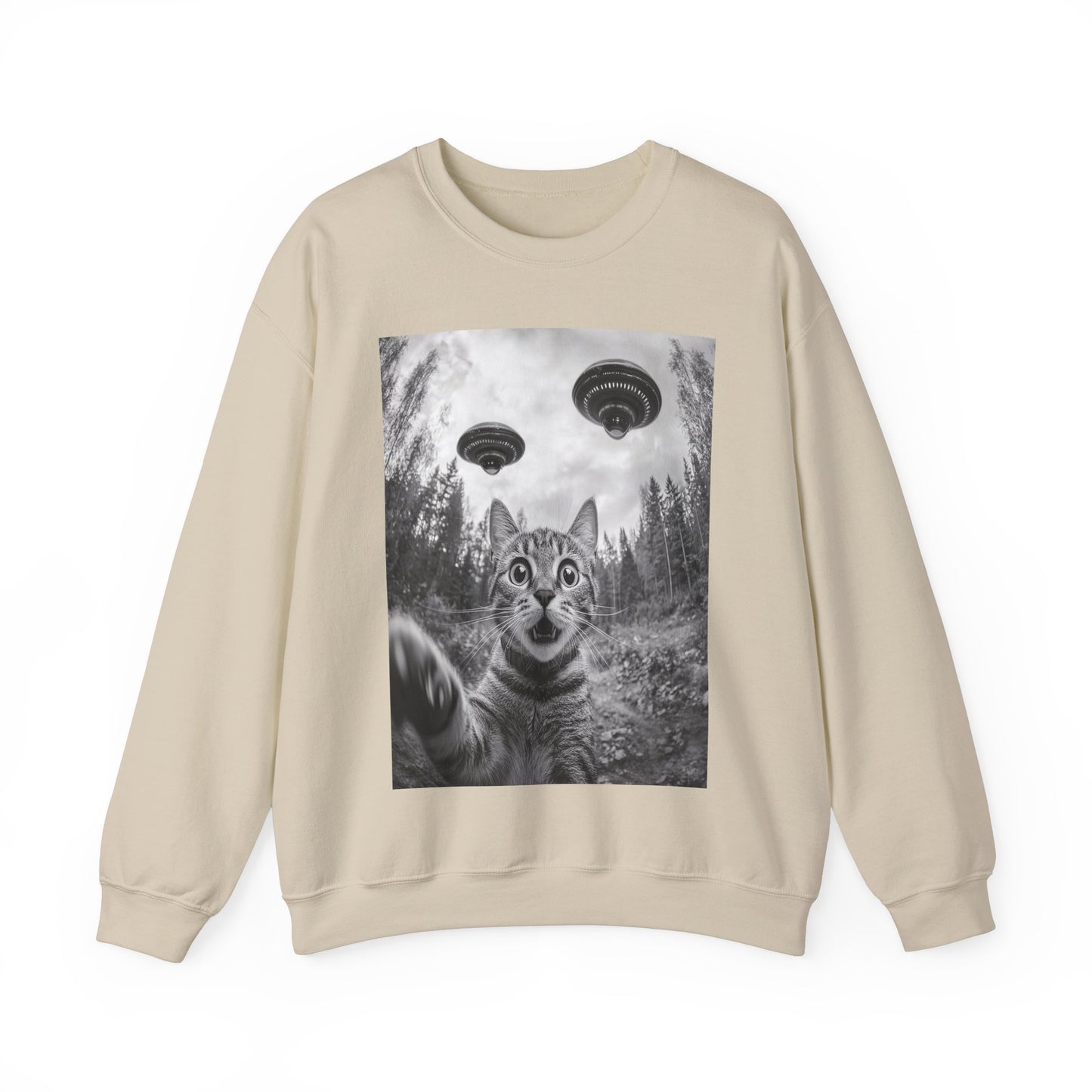 Funny Cat Selfie With Alien UFO Animal Lover Gift Unisex Heavy Blend™ Crewneck Sweatshirt, Cat Momma Gift, Cat Dad Gift