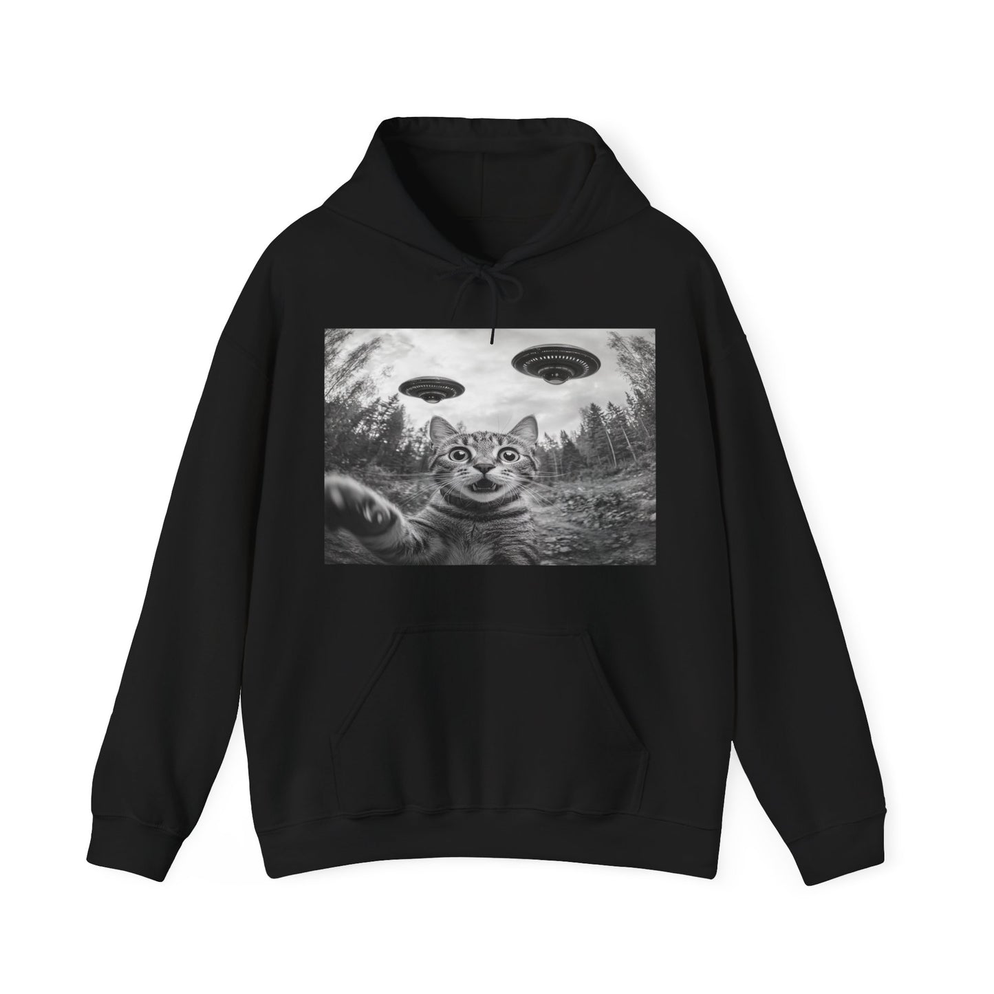 Funny Cat Selfie With Alien UFO Unisex Heavy Blend™ Hoodie Sweatshirt, Animal Lover Gift, Cat Lover Gift