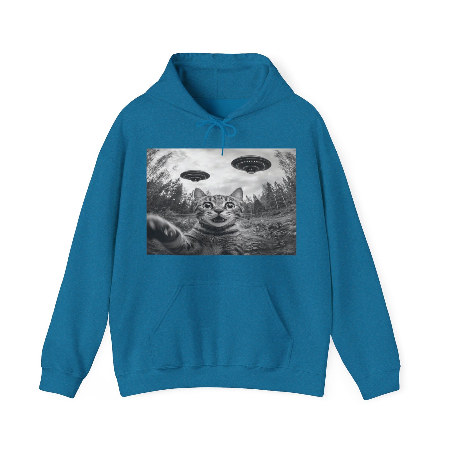 Funny Cat Selfie With Alien UFO Unisex Heavy Blend™ Hoodie Sweatshirt, Animal Lover Gift, Cat Lover Gift