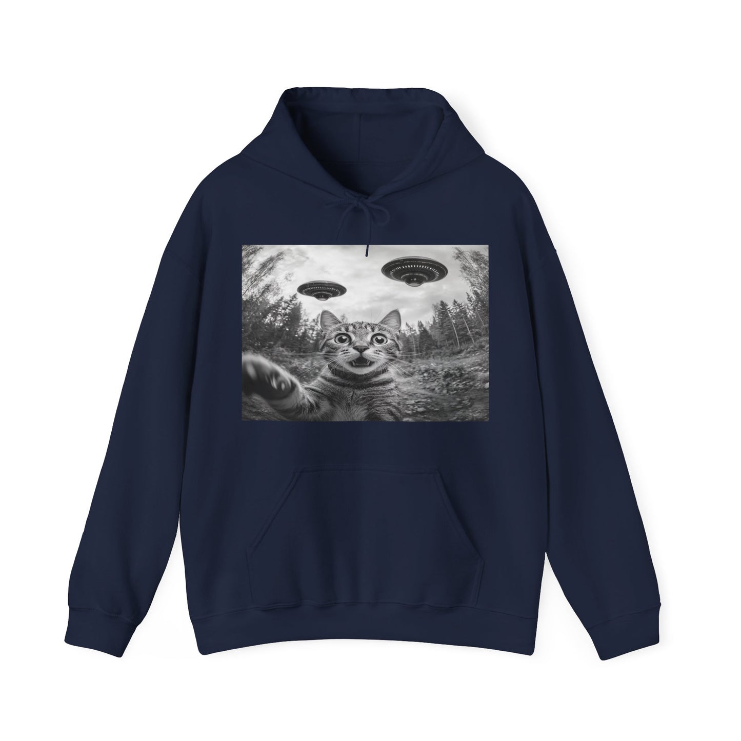 Funny Cat Selfie With Alien UFO Unisex Heavy Blend™ Hoodie Sweatshirt, Animal Lover Gift, Cat Lover Gift