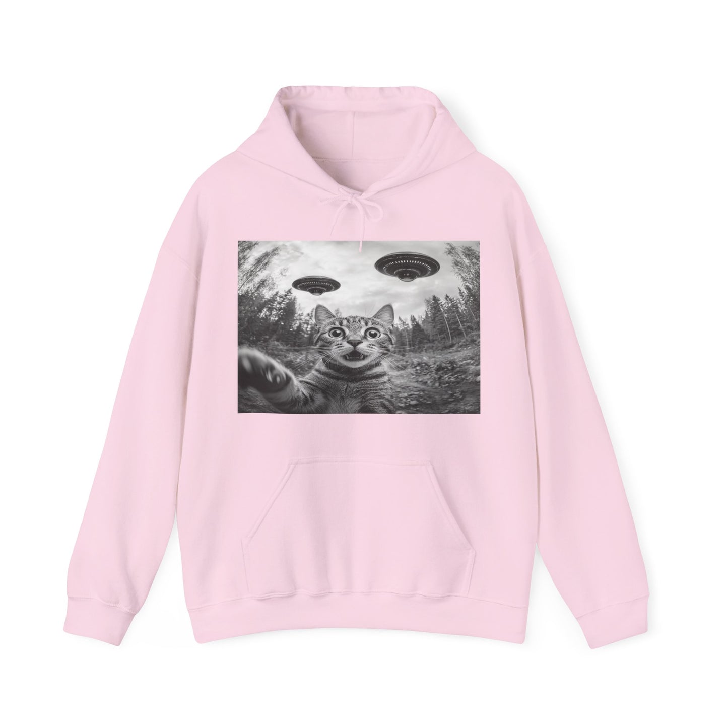 Funny Cat Selfie With Alien UFO Unisex Heavy Blend™ Hoodie Sweatshirt, Animal Lover Gift, Cat Lover Gift