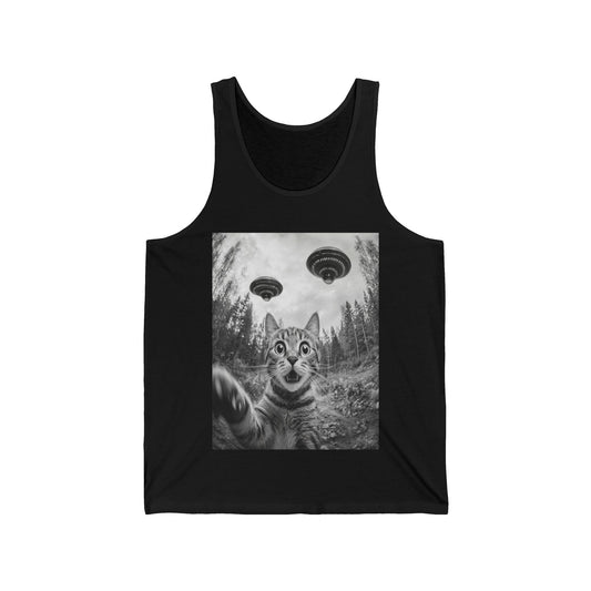 Funny Cat Selfie With Alien UFO Unisex Jersey Tank, Cat Momma Gift, Cat Lover Gift, Cat Dad Gift