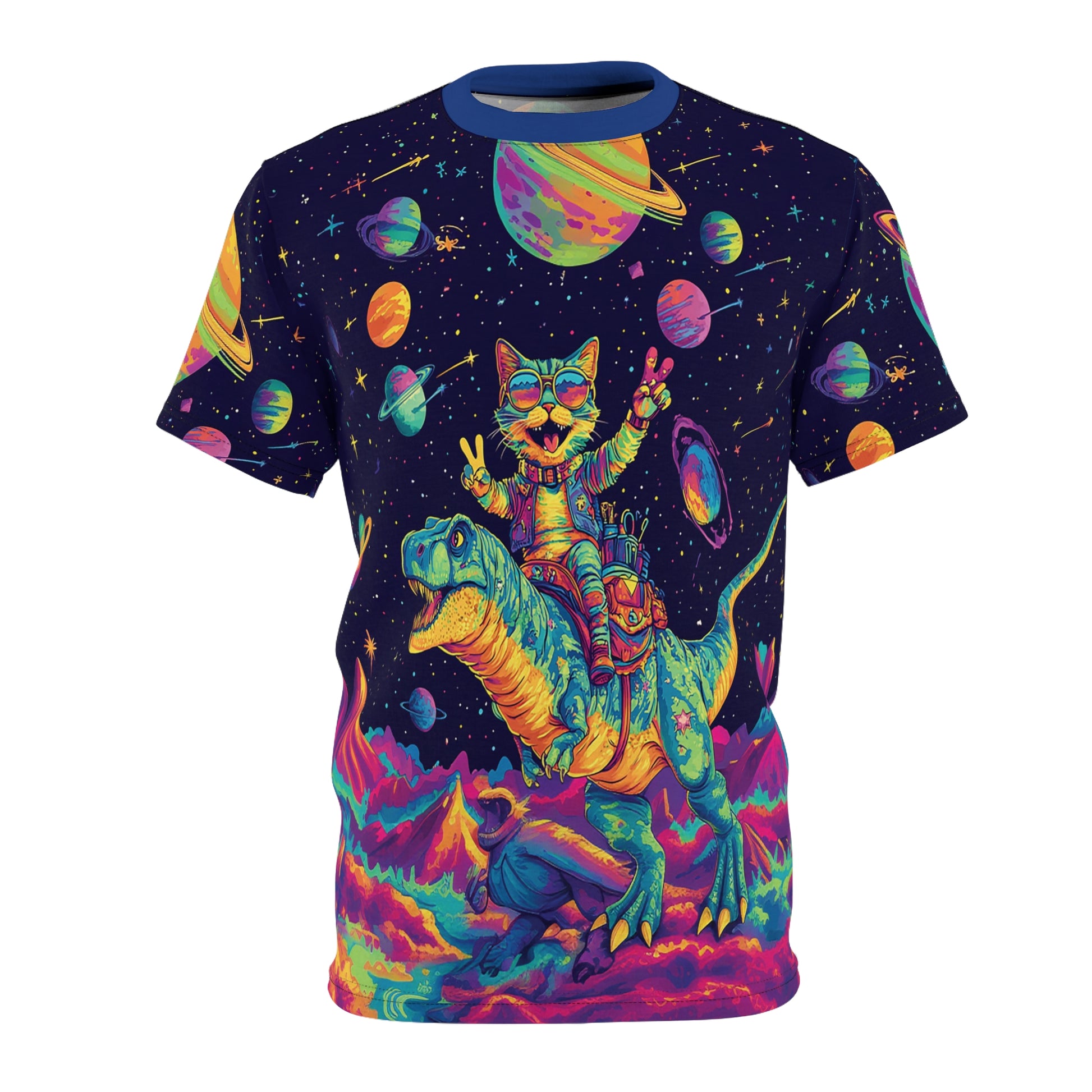 Psychedelic Cat Dinosaur Unisex Fun T-Shirt, Cat Lover Gift, All Over Print Tee, Rave, EDM, Festival, Trippy