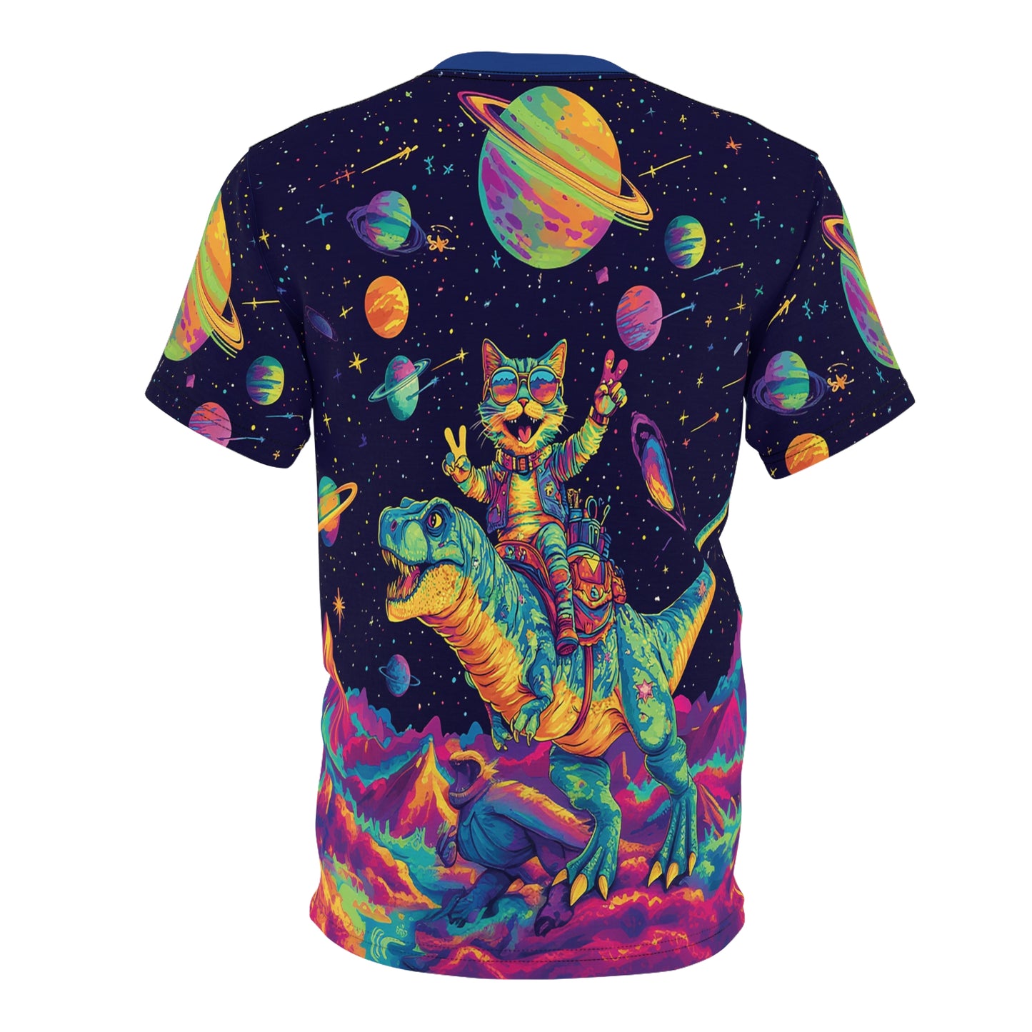 Psychedelic Cat Dinosaur Unisex Fun T-Shirt, Cat Lover Gift, All Over Print Tee, Rave, EDM, Festival, Trippy