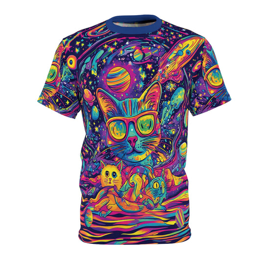 Psychedelic Planet Cat Sunglasses Cool Fun Unisex T-Shirt, Cat Lover Gift, All Over Print Tee, Rave, EDM, Festival, Trippy