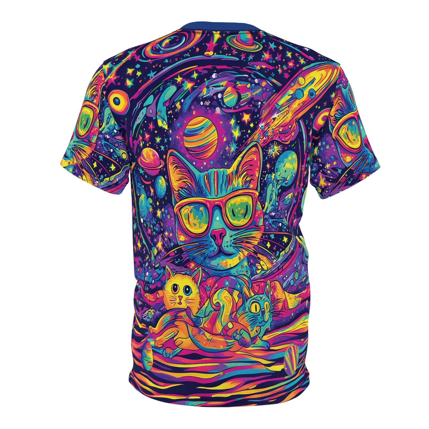 Psychedelic Planet Cat Sunglasses Cool Fun Unisex T-Shirt, Cat Lover Gift, All Over Print Tee, Rave, EDM, Festival, Trippy