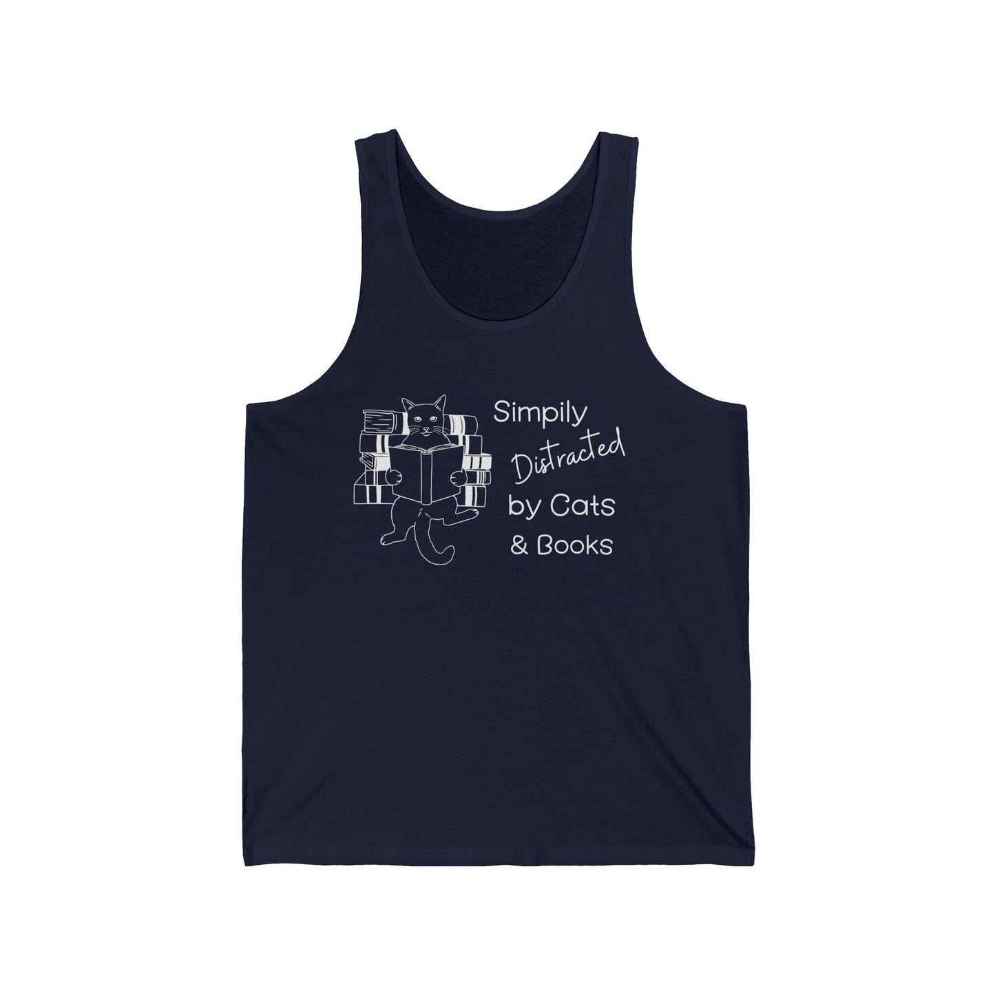 Simply Distracted By Cats and Books Unisex Jersey Tank , Funny Cat Shirt, Cat Lover Gift, Cat Tank Top, Cats, Momma cat Gift, Dad Gift