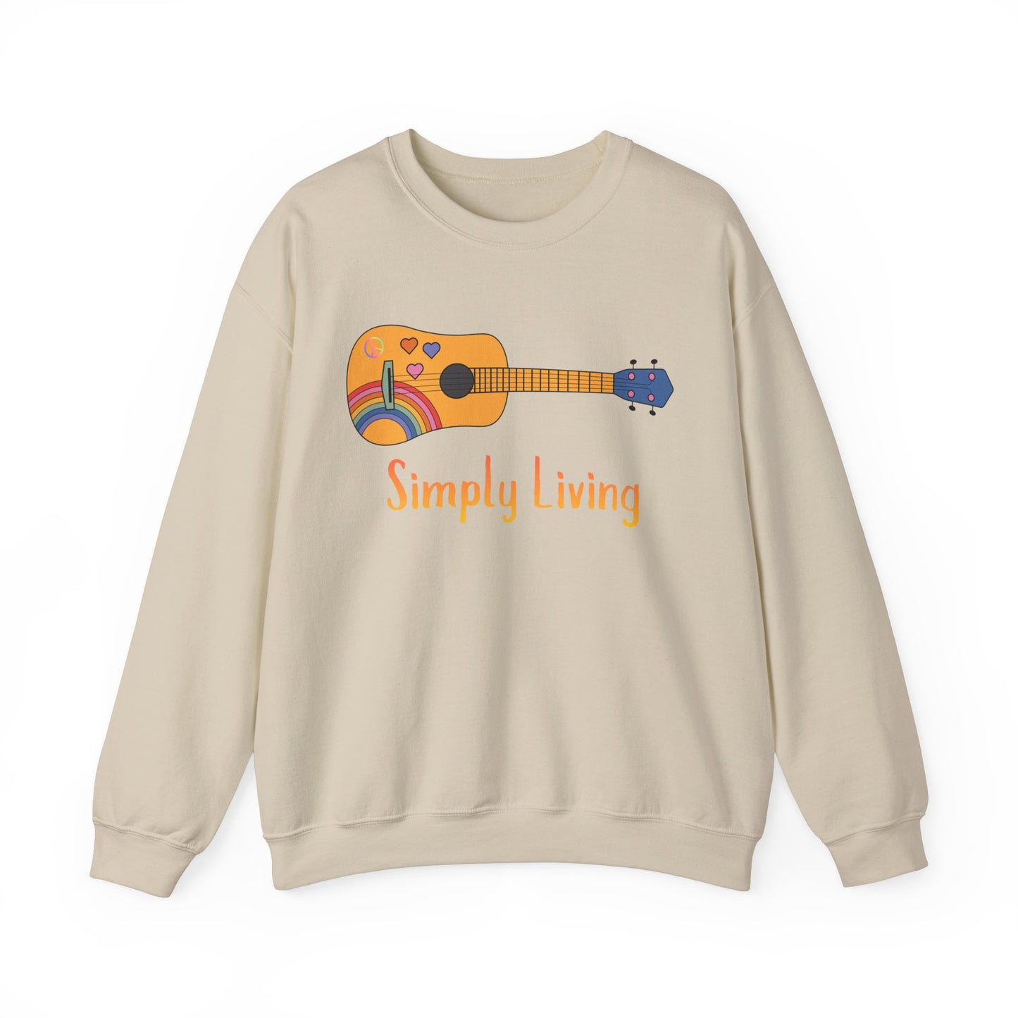 Simply Living Guitar Unisex Heavy Blend™ Crewneck Sweatshirt, Peace sign, Rainbow Guitar, Music Lover Gift, Guitar Player Gift