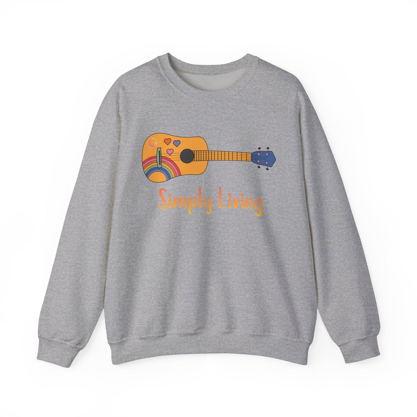 Simply Living Guitar Unisex Heavy Blend™ Crewneck Sweatshirt, Peace sign, Rainbow Guitar, Music Lover Gift, Guitar Player Gift