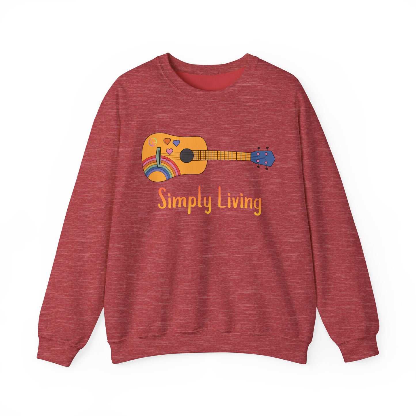 Simply Living Guitar Unisex Heavy Blend™ Crewneck Sweatshirt, Peace sign, Rainbow Guitar, Music Lover Gift, Guitar Player Gift