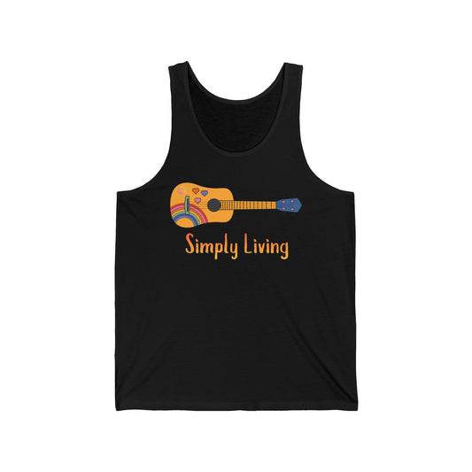 Simply Living Guitar Unisex Jersey Tank Top, Peace Sign, Rainbow Guitar, Music Lover Gift, Guitar Lover Gift, Guitar Player Gift