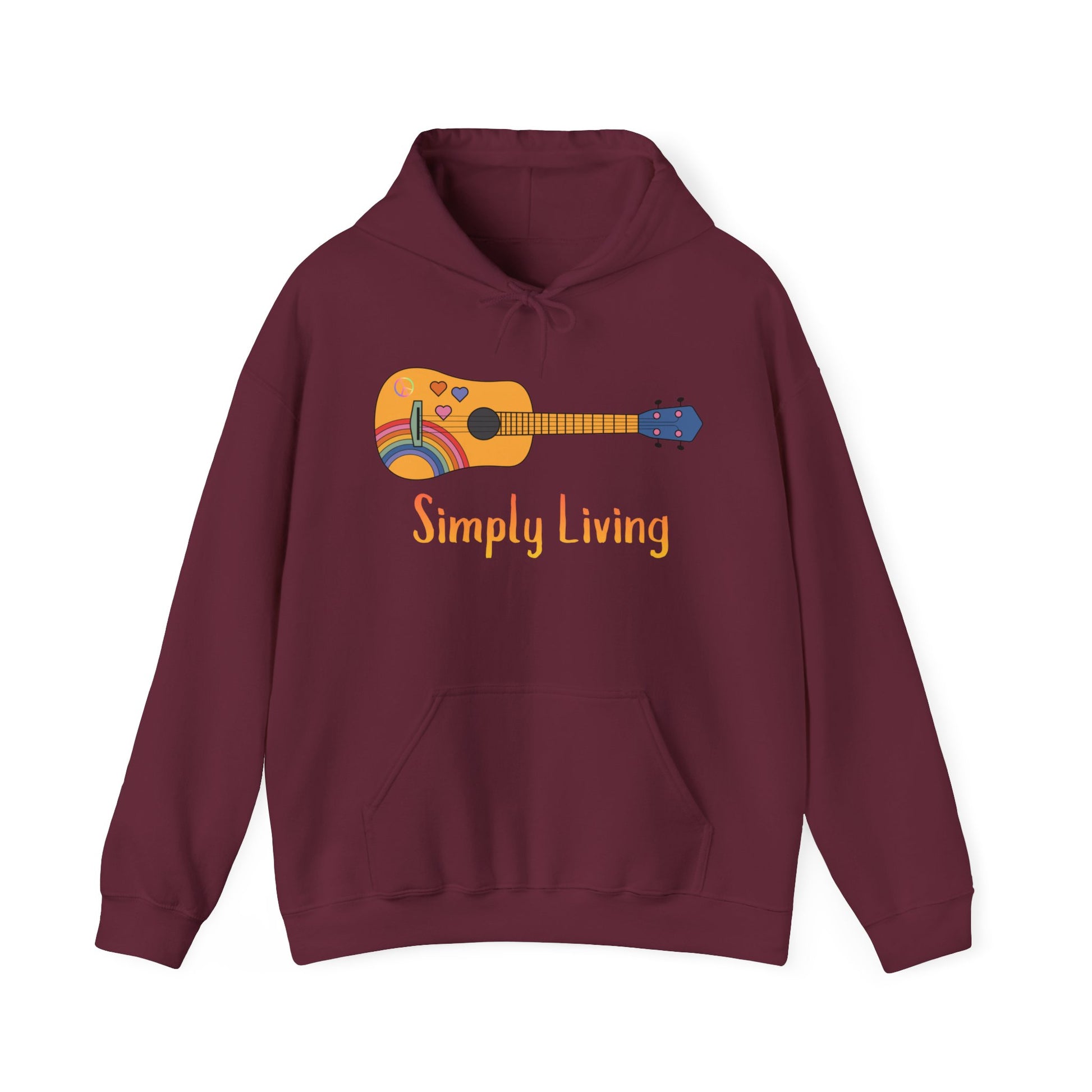 Simply Living Peace Guitar Unisex Heavy Blend™ Hooded Sweatshirt, Music Lover Gift, Guitar Player Gift, Festival Hoodie, Rainbow Guitar