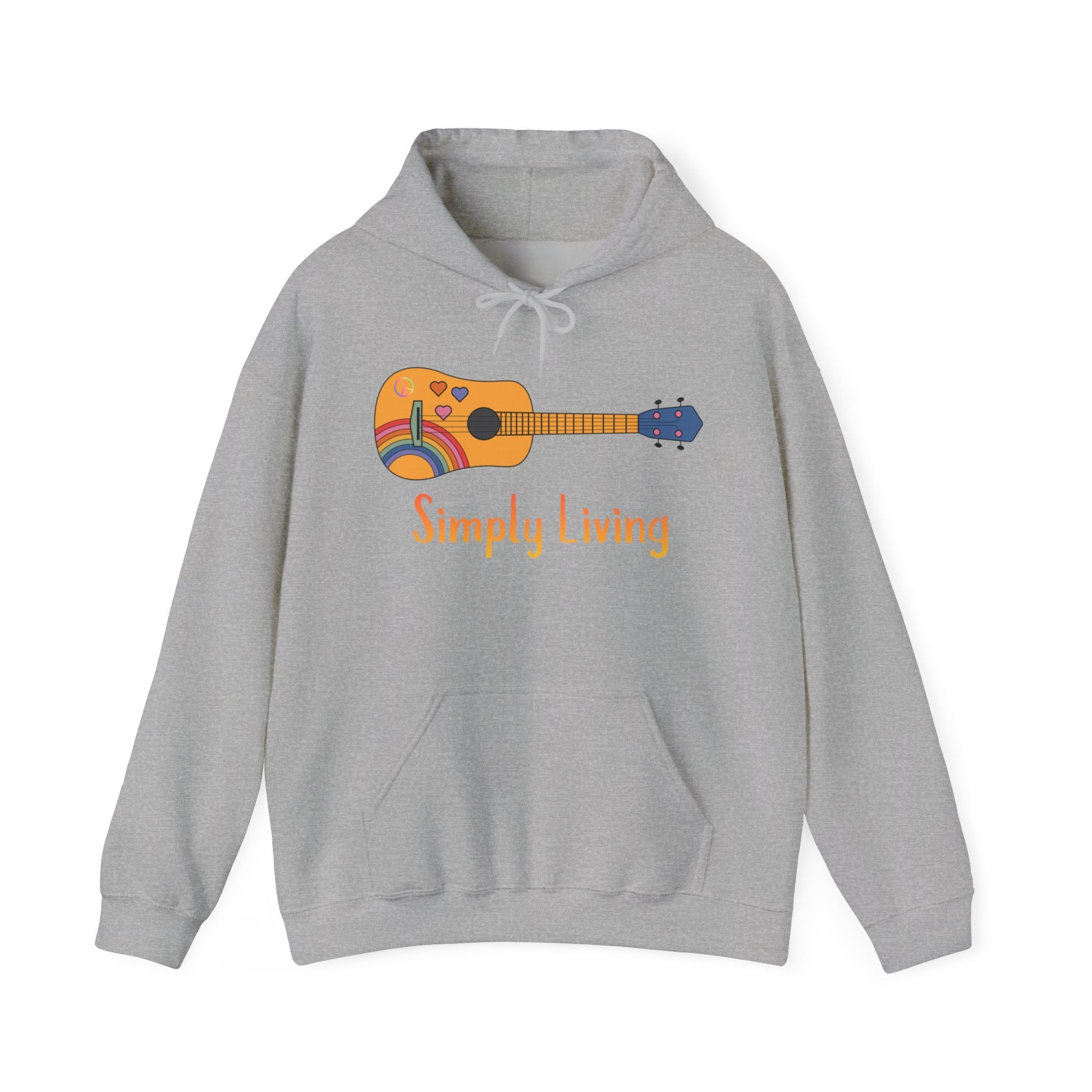 Simply Living Peace Guitar Unisex Heavy Blend™ Hooded Sweatshirt, Music Lover Gift, Guitar Player Gift, Festival Hoodie, Rainbow Guitar