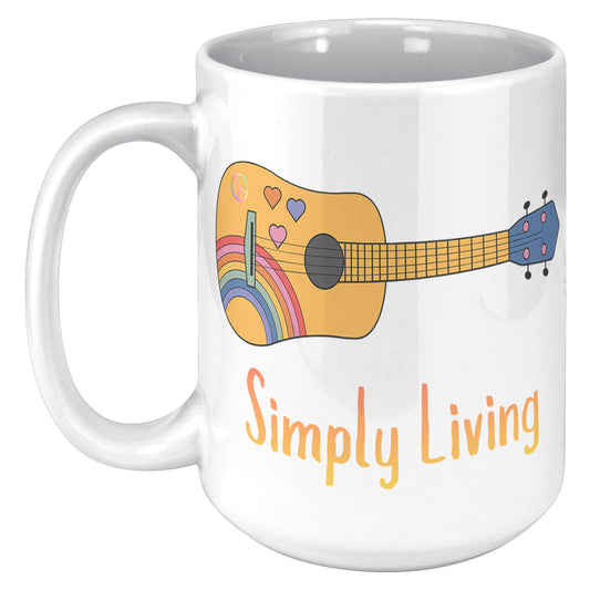 Simply Living Peace Rainbow Guitar 15 oz Mug, Guitar Lover Gift, Music Lover Gift